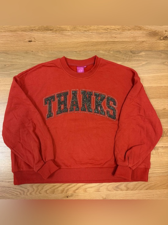 QUEEN OF SPARKLES Tops - QUEEN OF SPARKLES Orange Crewneck Sweater with 'THANKS' Applique